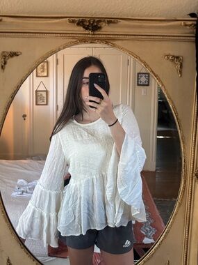 American Eagle Outfitters White Bell Sleeve Blouse with Ruffles